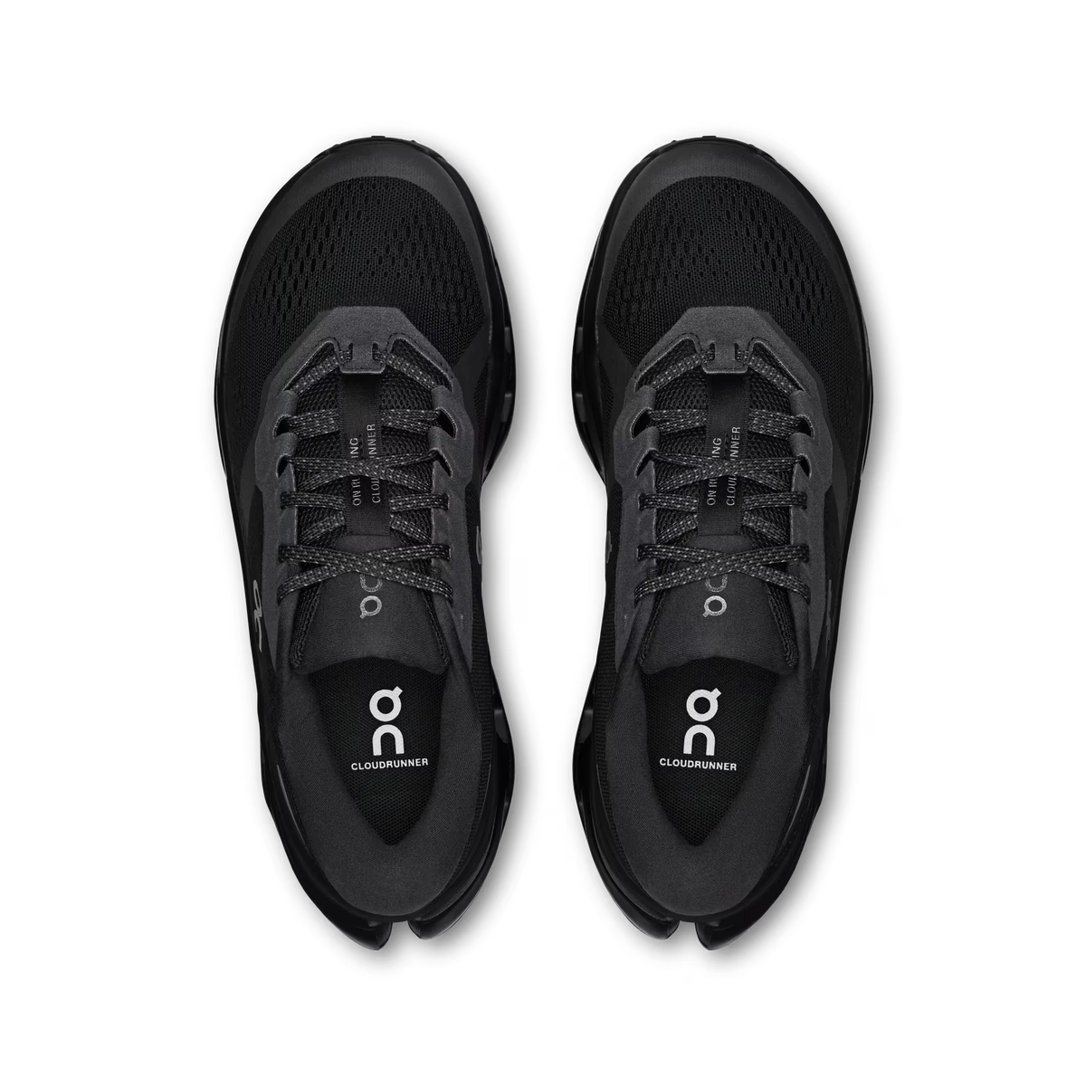 Men's On Running Cloudrunner 3. Black upper. Black midsole. Top view.