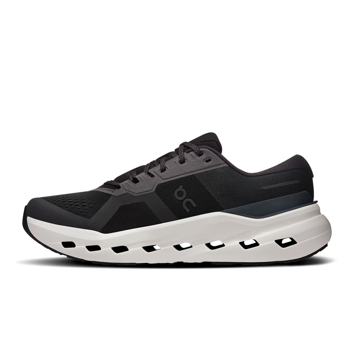 Men's On Running Cloudrunner 3. Black upper. White midsole. Medial view.