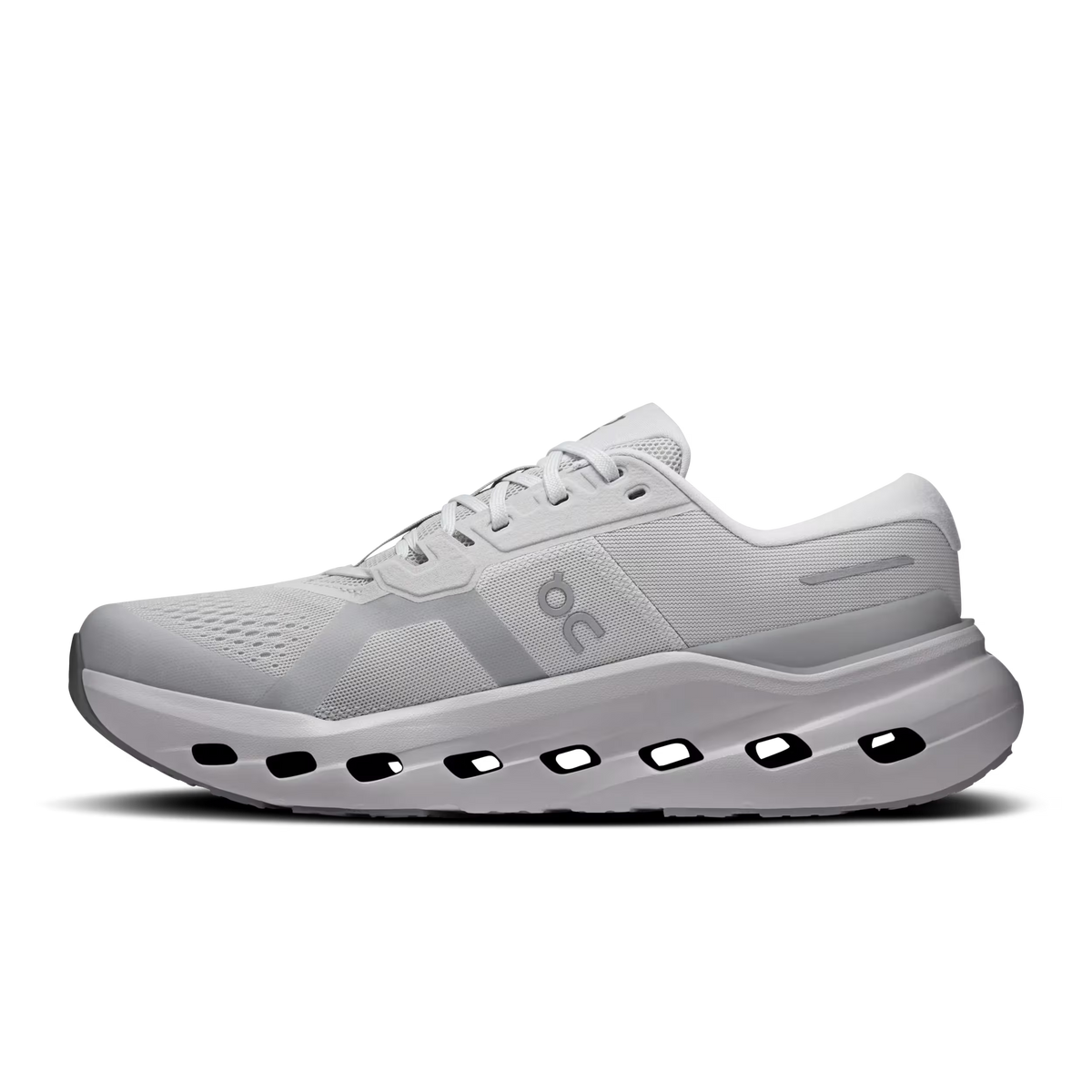 Men's On Running Cloudrunner 3. Light Grey upper. White midsole. Medial view.