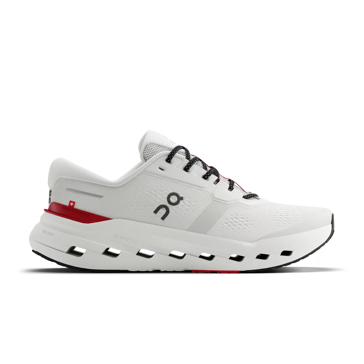 Men's On Running Cloudrunner 3. White upper. White midsole. Lateral view.