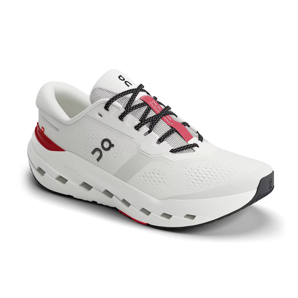 Men's On Running Cloudrunner 3. White upper. White midsole. Lateral view.