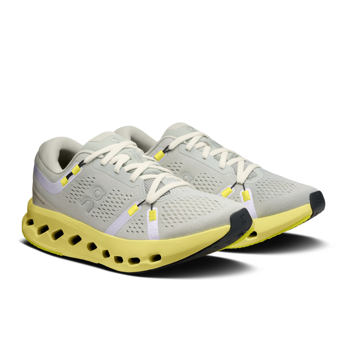 Women's On Cloudsurfer 2. Grey upper. Yellow midsole. Lateral view.