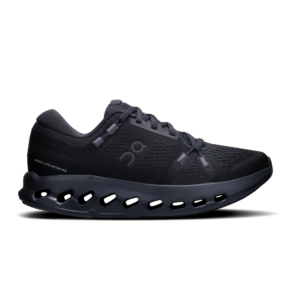 Women's On Cloudsurfer 2. Black upper. Black midsole. Lateral view.