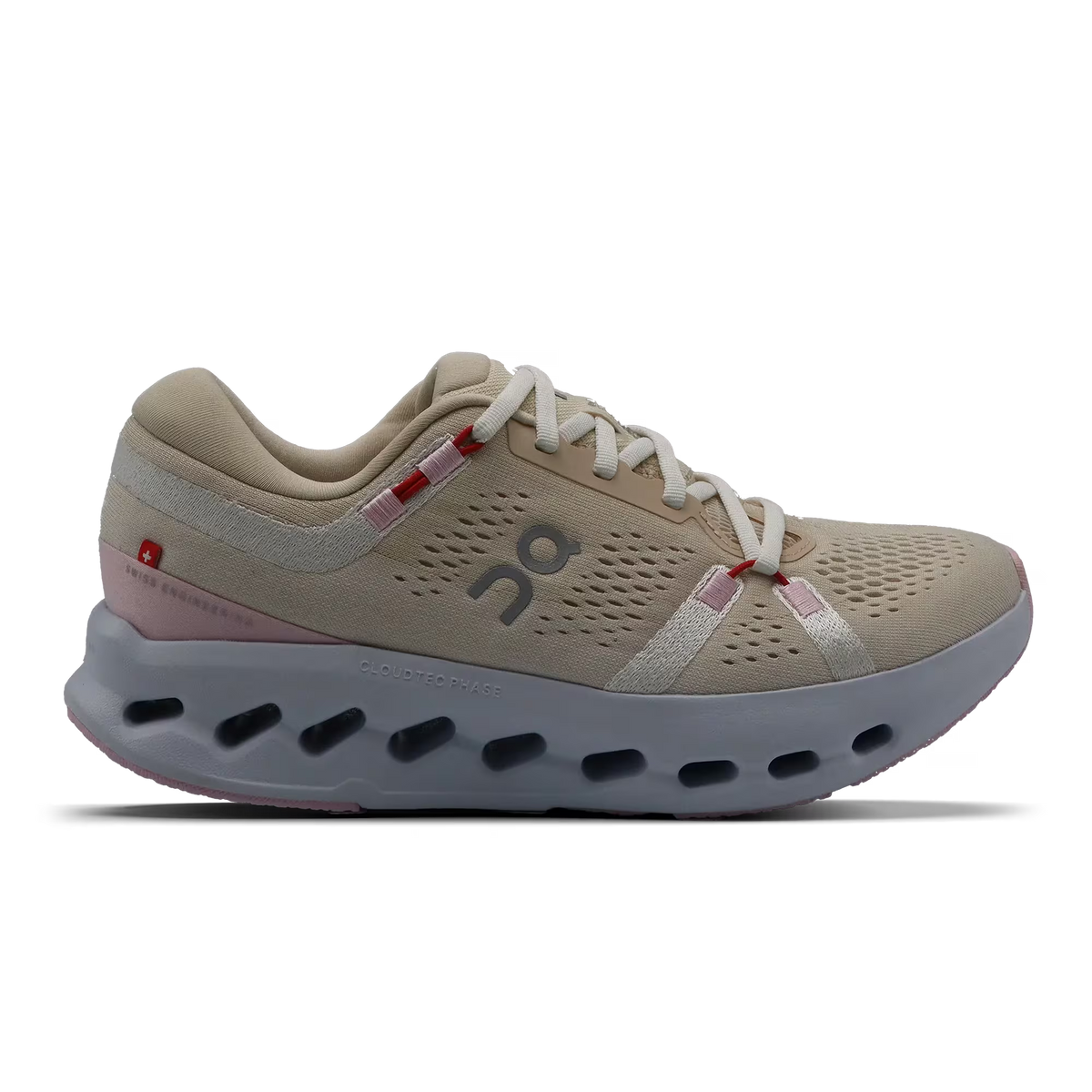 Women's On Cloudsurfer 2. Beige upper. White midsole. Lateral view.