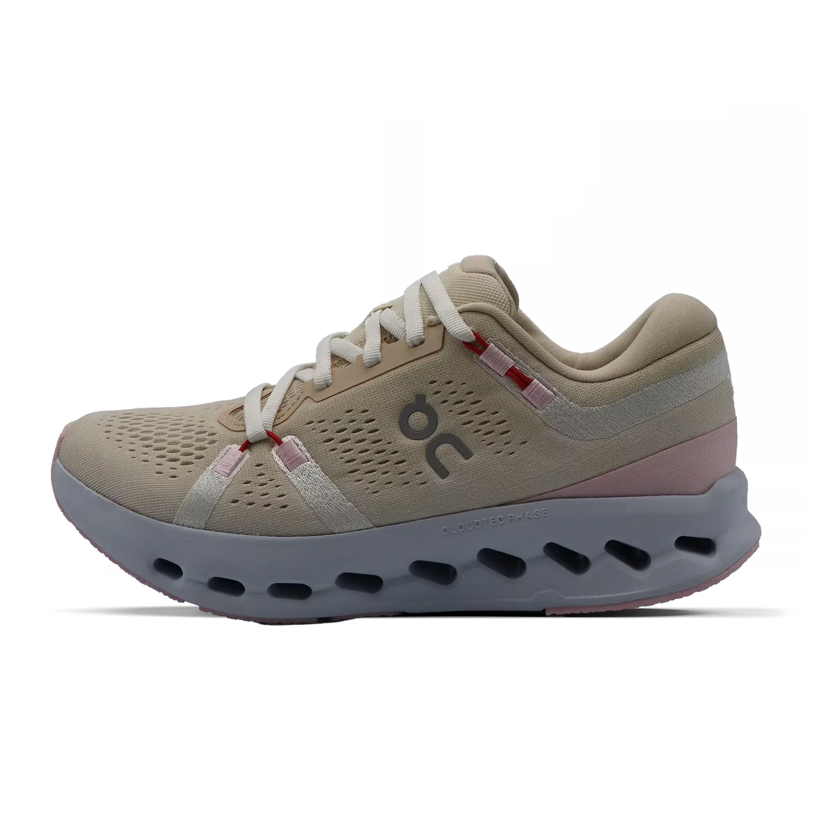 Women's On Cloudsurfer 2. Beige upper. White midsole. Medial view.