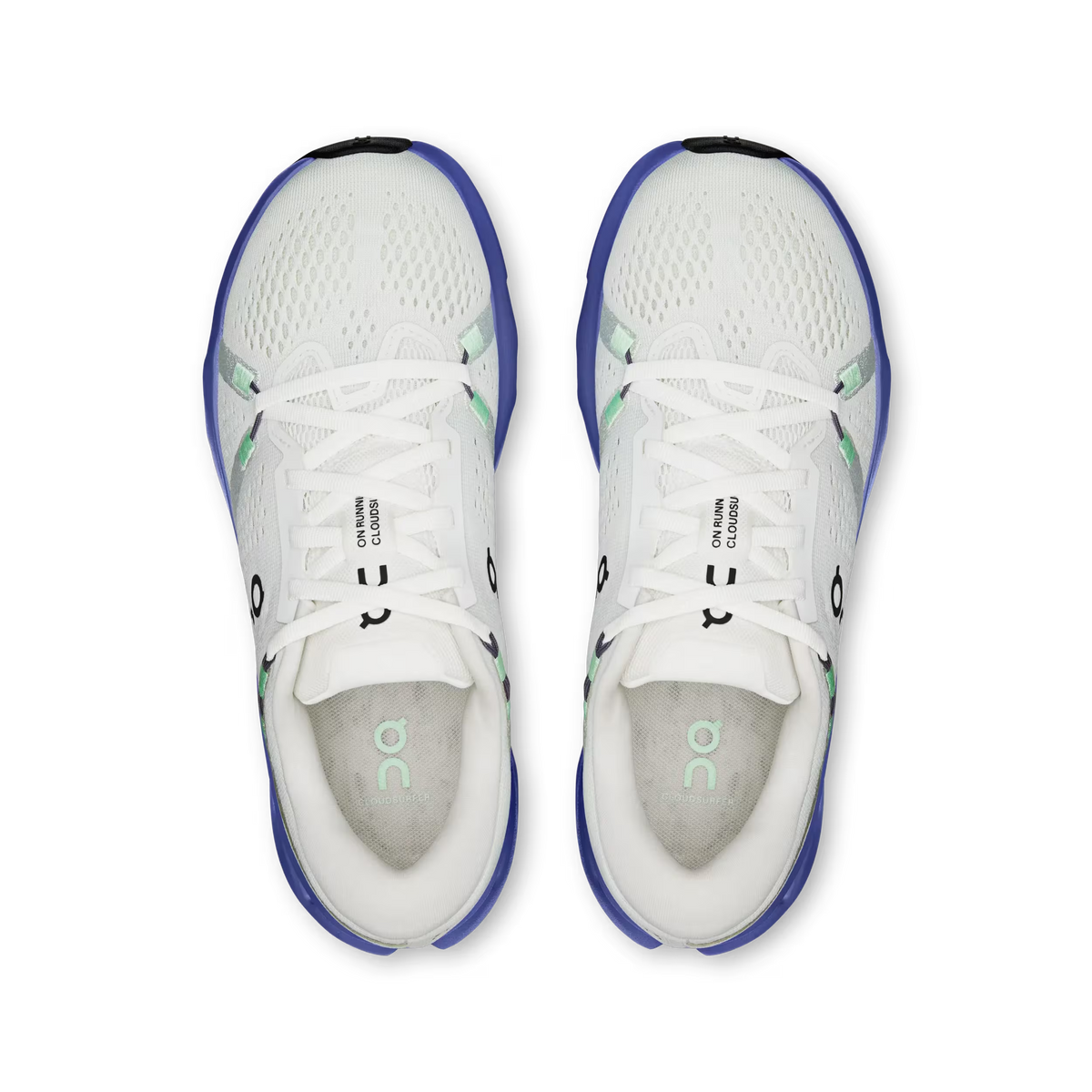 Women's On Cloudsurfer 2. White upper. Blue midsole. Top view.