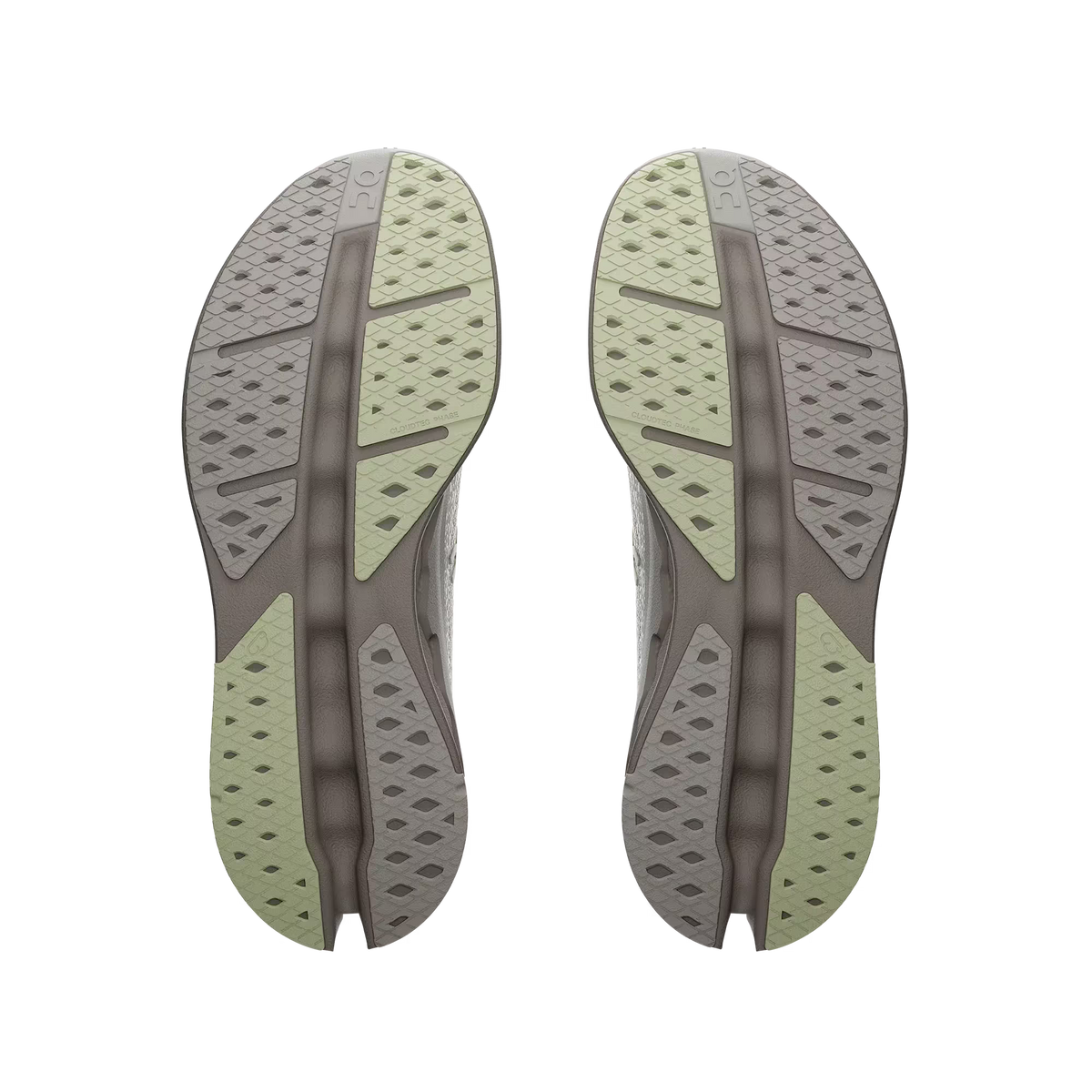 Women's On Running. Cloudsurfer Max. Light Grey upper. Grey midsole. Bottom view.