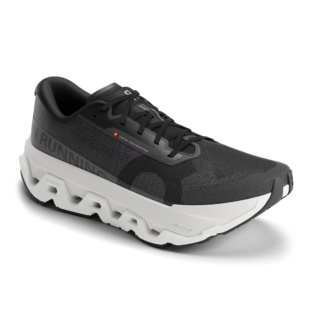 Women's On Running. Cloudmonster 3 Hyper. Black upper. White midsole. Lateral view.