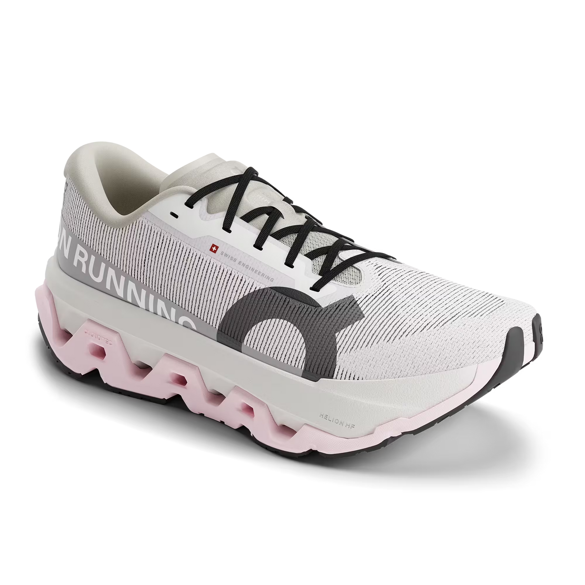 Women's On Running. Cloudmonster 3 Hyper. White upper. White midsole. Lateral view.