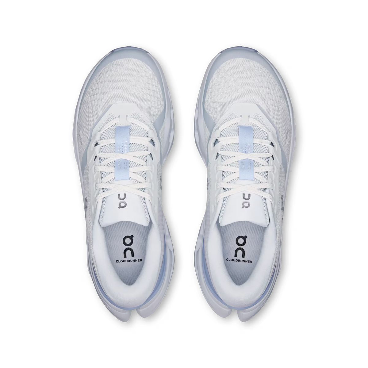 Women's On Running Cloudrunner 3. Light Grey upper. Light Blue midsole. Top view.