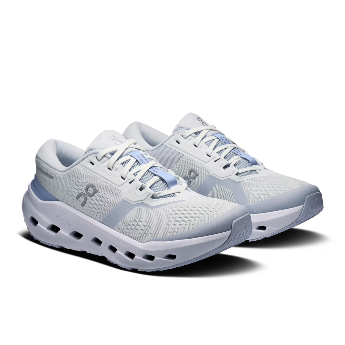 Women's On Running Cloudrunner 3. Light Grey upper. Light Blue midsole. Lateral view.