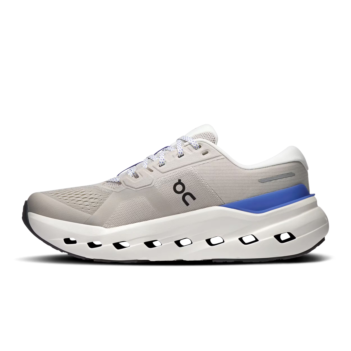Women's On Running Cloudrunner 3. Light Grey upper. White midsole. Medial view.