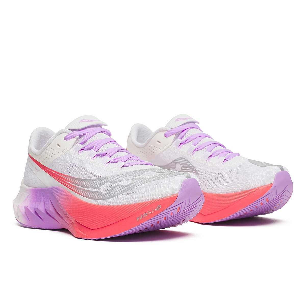 Women's Saucony Endorphin Pro 4 racing shoe in White/Crocus. Lateral view.