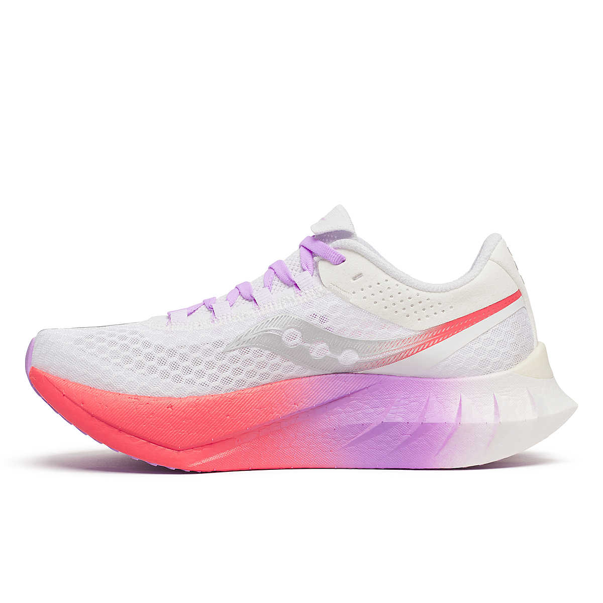 Women's Saucony Endorphin Pro 4 racing shoe in White/Crocus. Medial view.