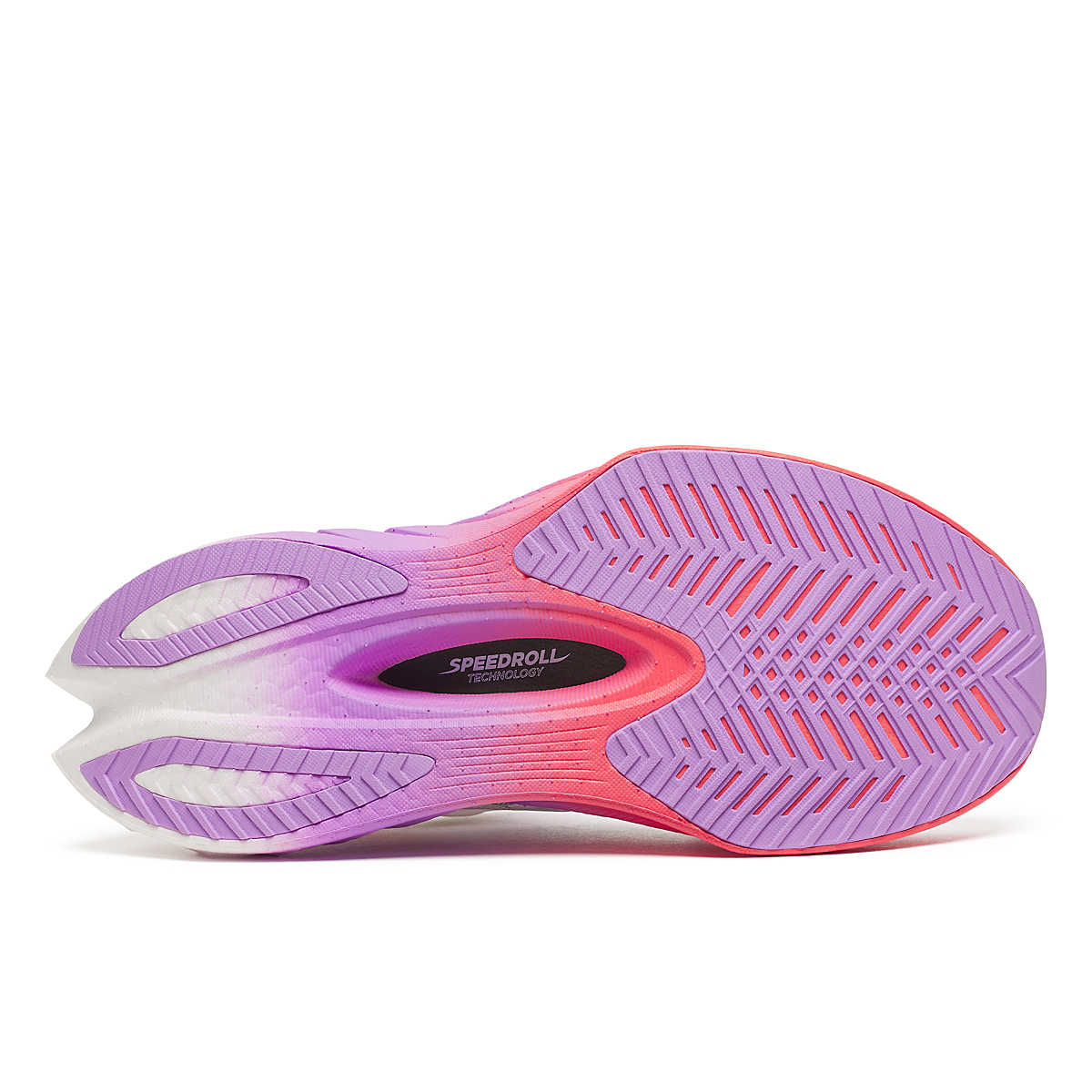 Women's Saucony Endorphin Pro 4 racing shoe in White/Crocus. Bottom view.