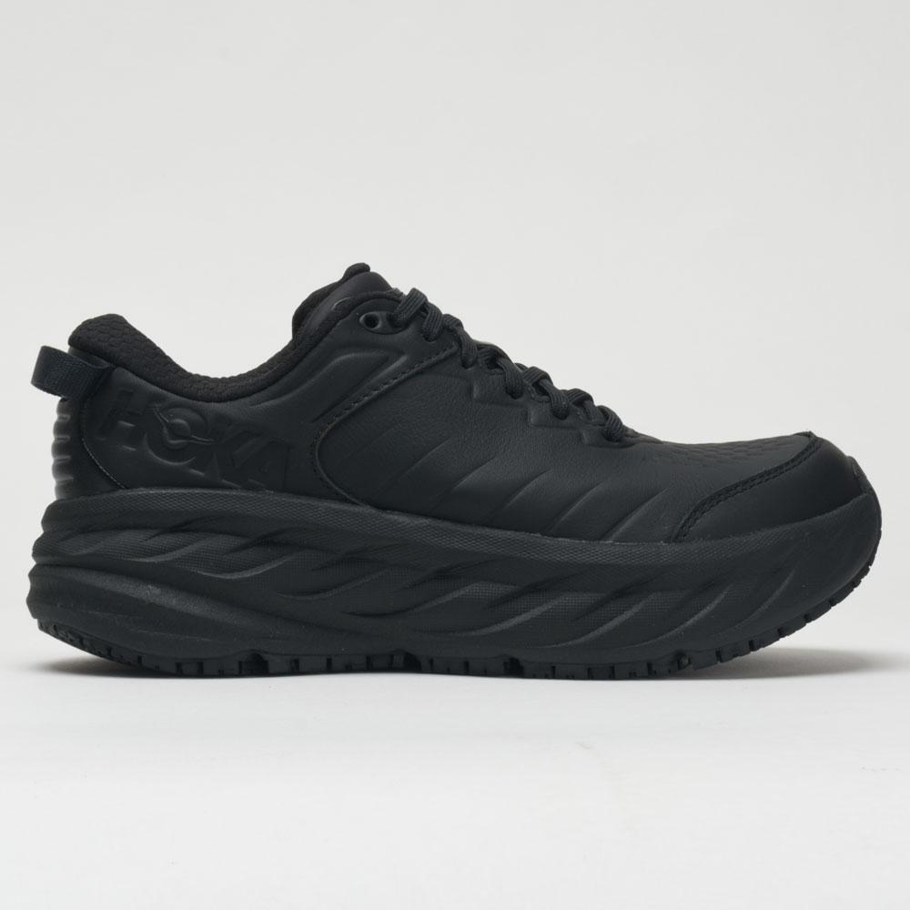 Women's Hoka Bondi SR. Black leather upper. Black midsole. Lateral view.