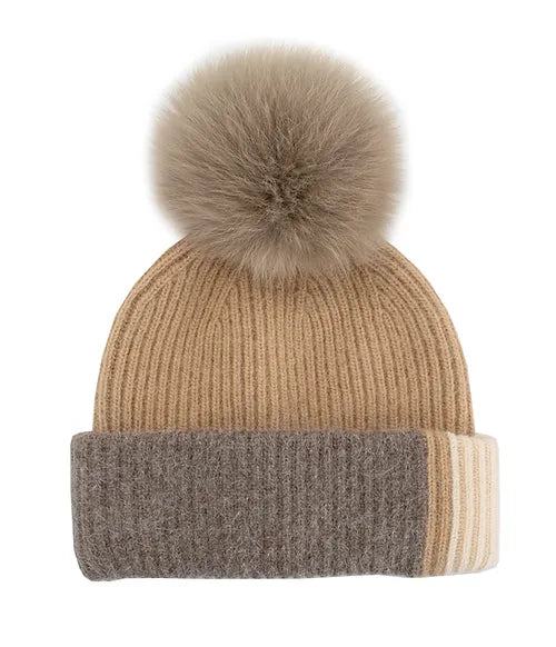 Mitchie's Matchings Knit Colorblock 3-Tone Beanie & Fox Fur Pompom Women's