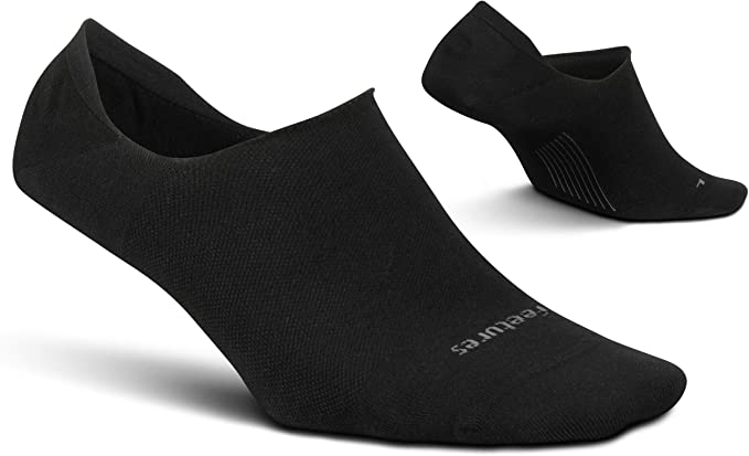 Feetures Elite Ultra Light Cushion Invisible socks in Black, unisex no-show running socks.