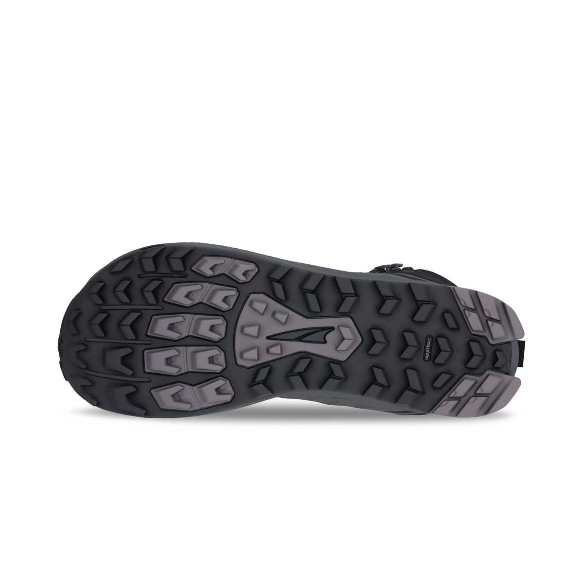 Men's Altra Lone Peak 9 Waterproof MID. Black/Gray upper. Gray midsole. Bottom view.