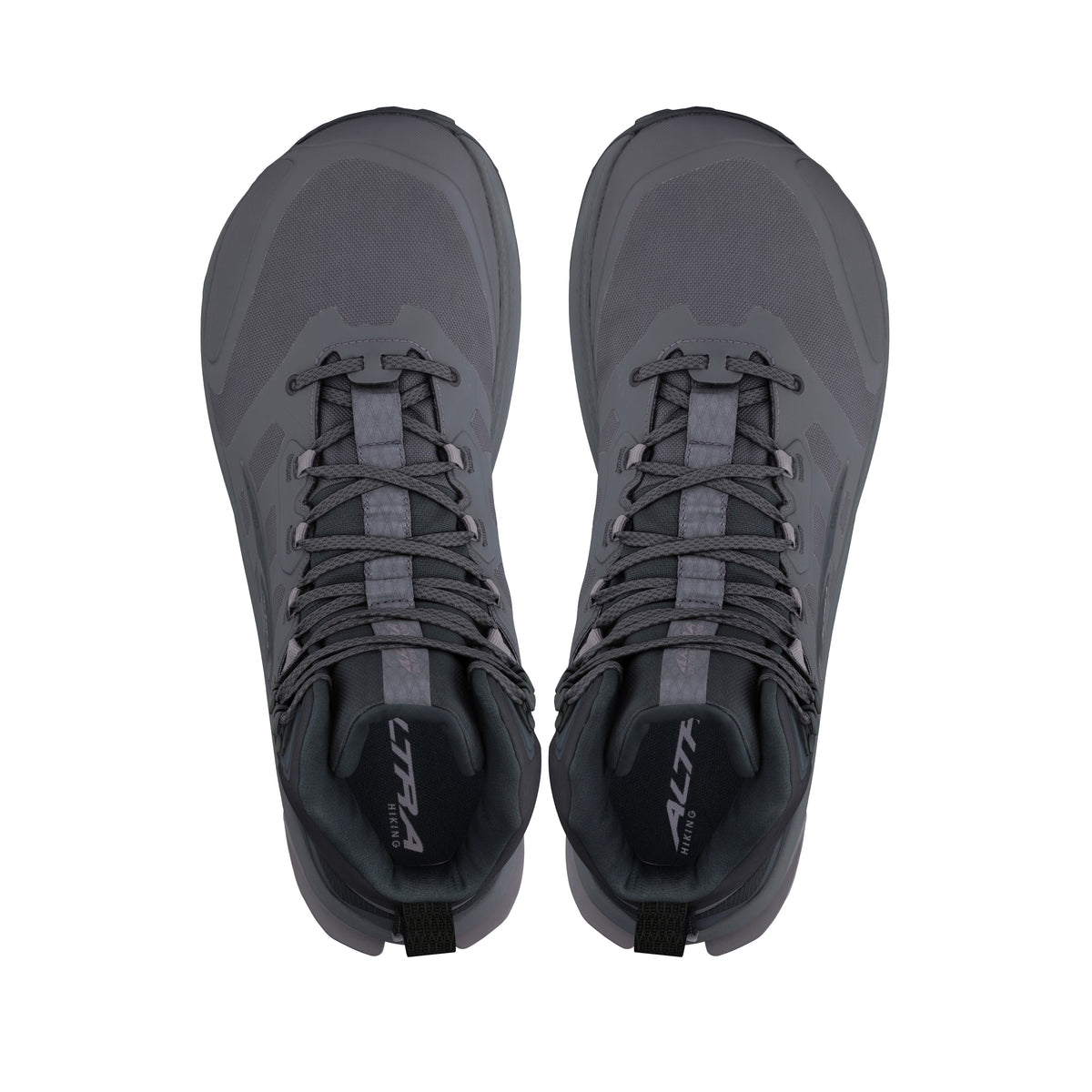 Men's Altra Lone Peak 9 Waterproof MID. Black/Gray upper. Gray midsole. Top view.