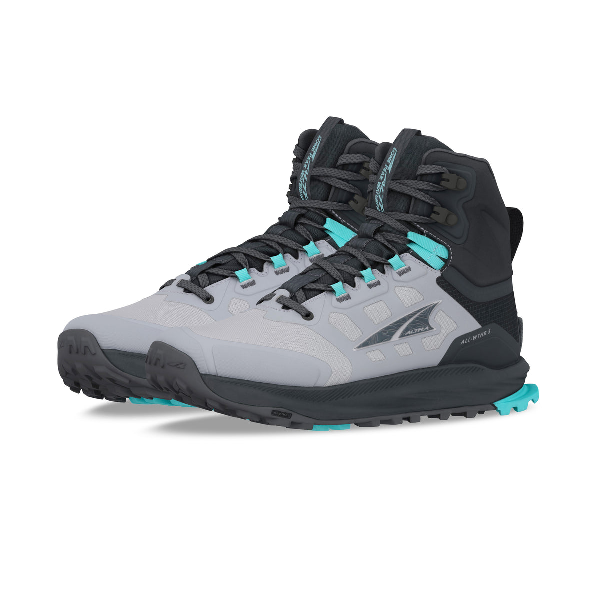 Women's Altra Lone Peak 9 Waterproof MID. Gray/Black upper. Black midsole. Lateral view.