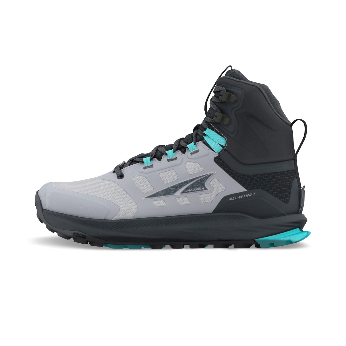 Women's Altra Lone Peak 9 Waterproof MID. Gray/Black upper. Black midsole. Lateral view.