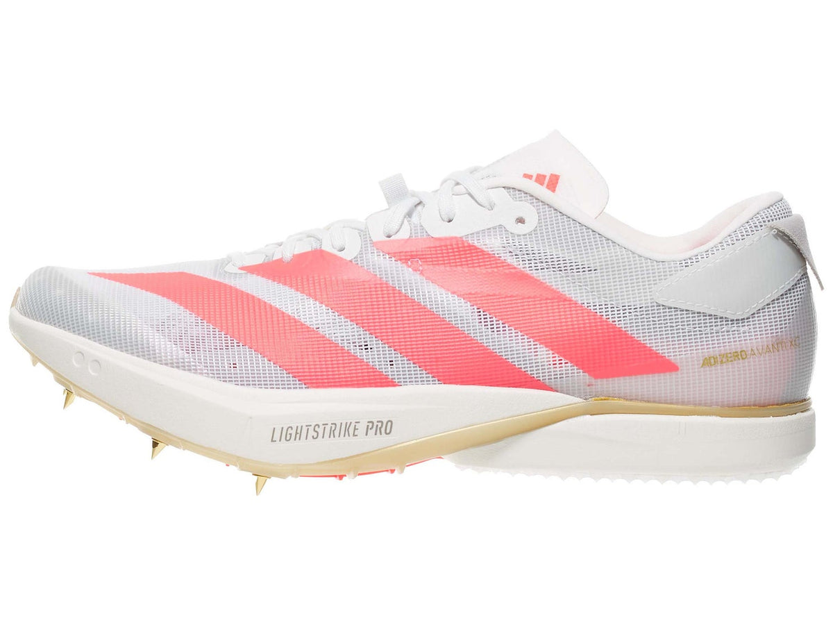 Adidas Adizero Avanti XC unisex shoes in Ftwr White/Solar Turbo/Gold Met — side profile.