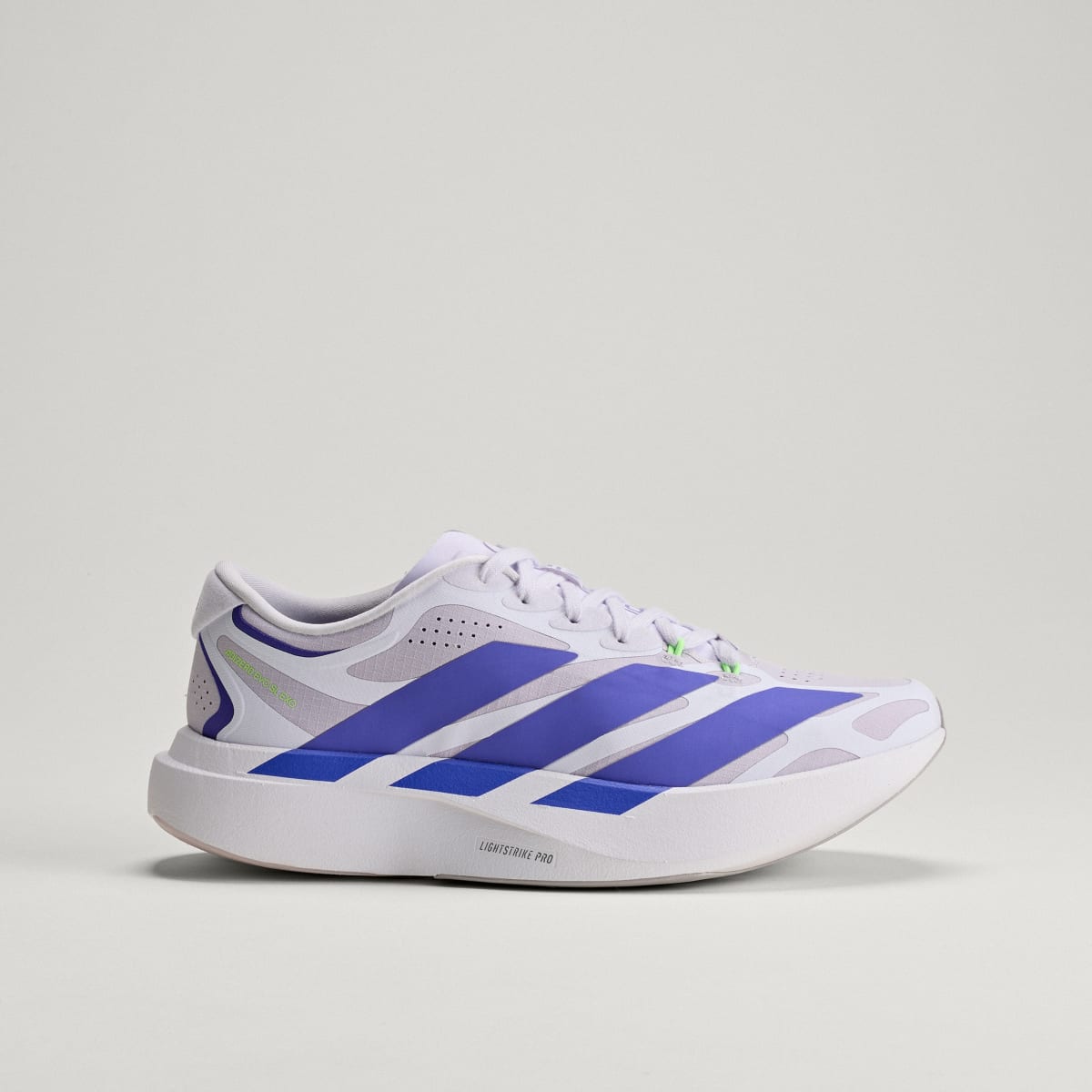 Adidas Adizero Evo SL EXO women's running shoe in Silver Dawn/Solar Purple/Frozen Purple — side profile