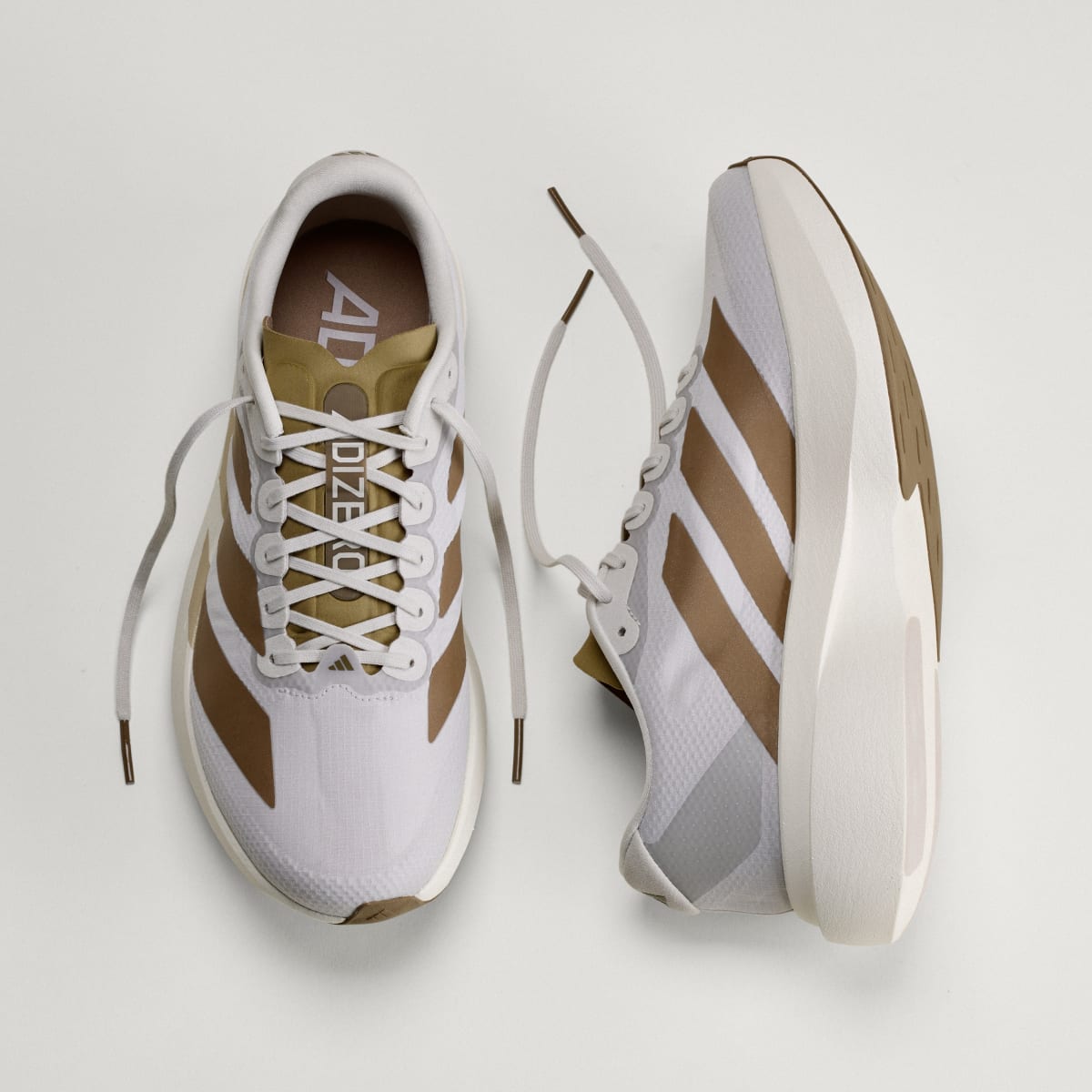 Adidas Adizero Evo SL Woven men's running shoe in Grey One/Grey One/Khaki Six — top and opposite side views