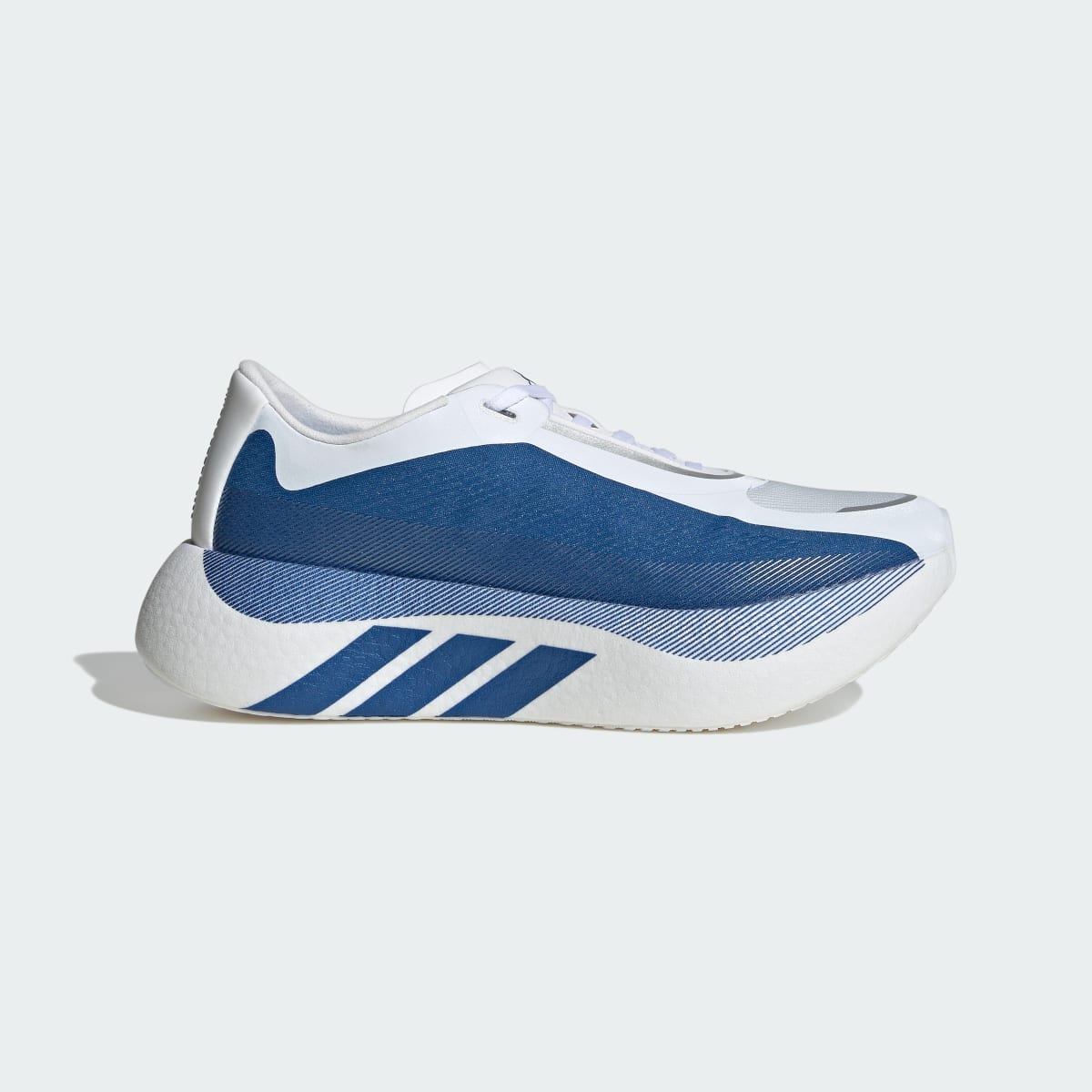 Adidas Hyperboost Edge men's running shoe in Cloud White/Equipment Blue/Zero Metallic — side profile.