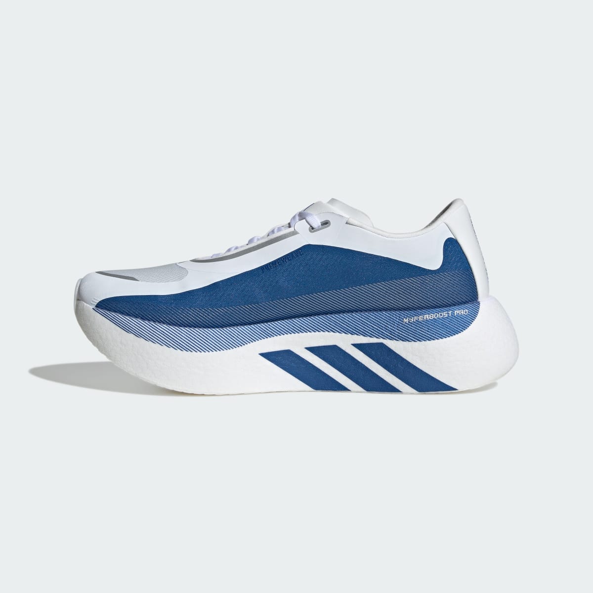 Adidas Hyperboost Edge men's running shoe in Cloud White/Equipment Blue/Zero Metallic — opposite side profile.