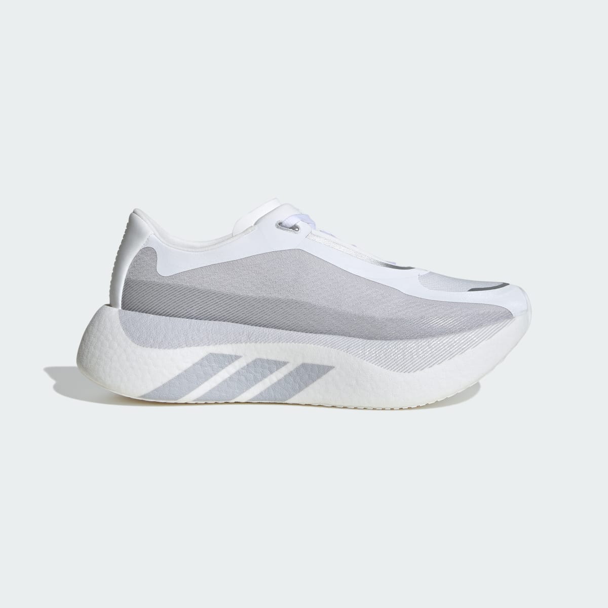 Adidas Hyperboost Edge women's running shoe in Cloud White/Light Solid Grey/Silver Metallic - side profile