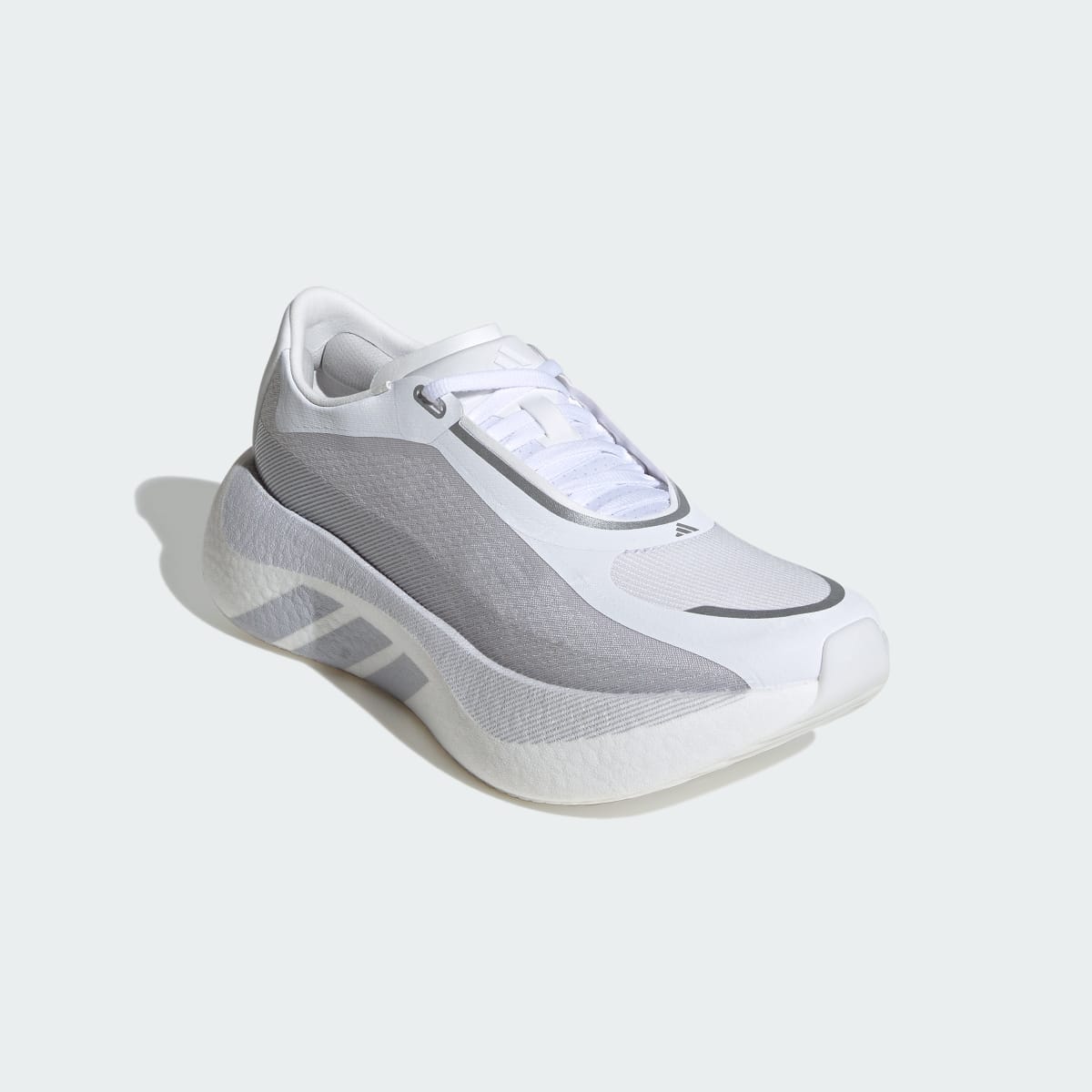 Adidas Hyperboost Edge women's running shoe in Cloud White/Light Solid Grey/Silver Metallic - front three-quarter view