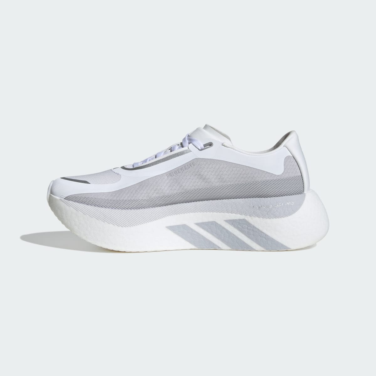 Adidas Hyperboost Edge women's running shoe in Cloud White/Light Solid Grey/Silver Metallic - opposite side profile