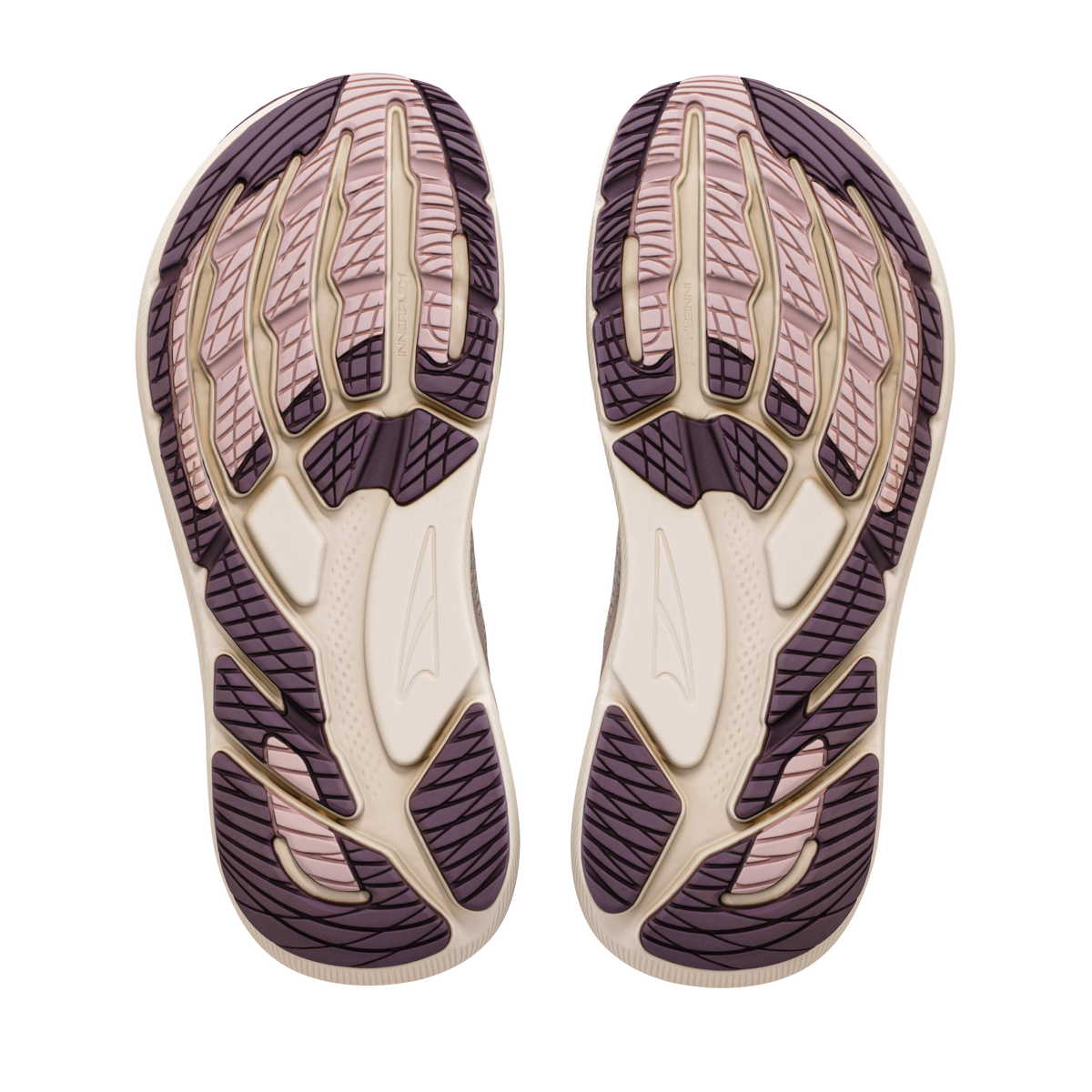 Altra FWD VIA 2 women's shoes in Whisper Pink/Rose Gold — outsoles of the pair.
