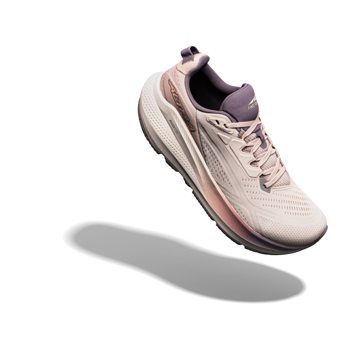 Altra FWD VIA 2 women's shoes in Whisper Pink/Rose Gold — front and top angled view.