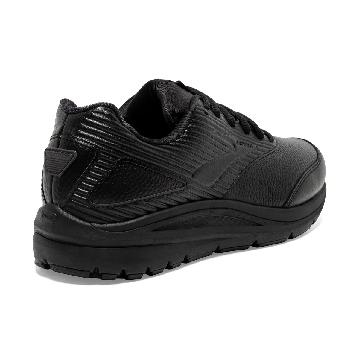 Brooks Addiction Walker 2 women's walking shoe in Black/Black, angled heel view