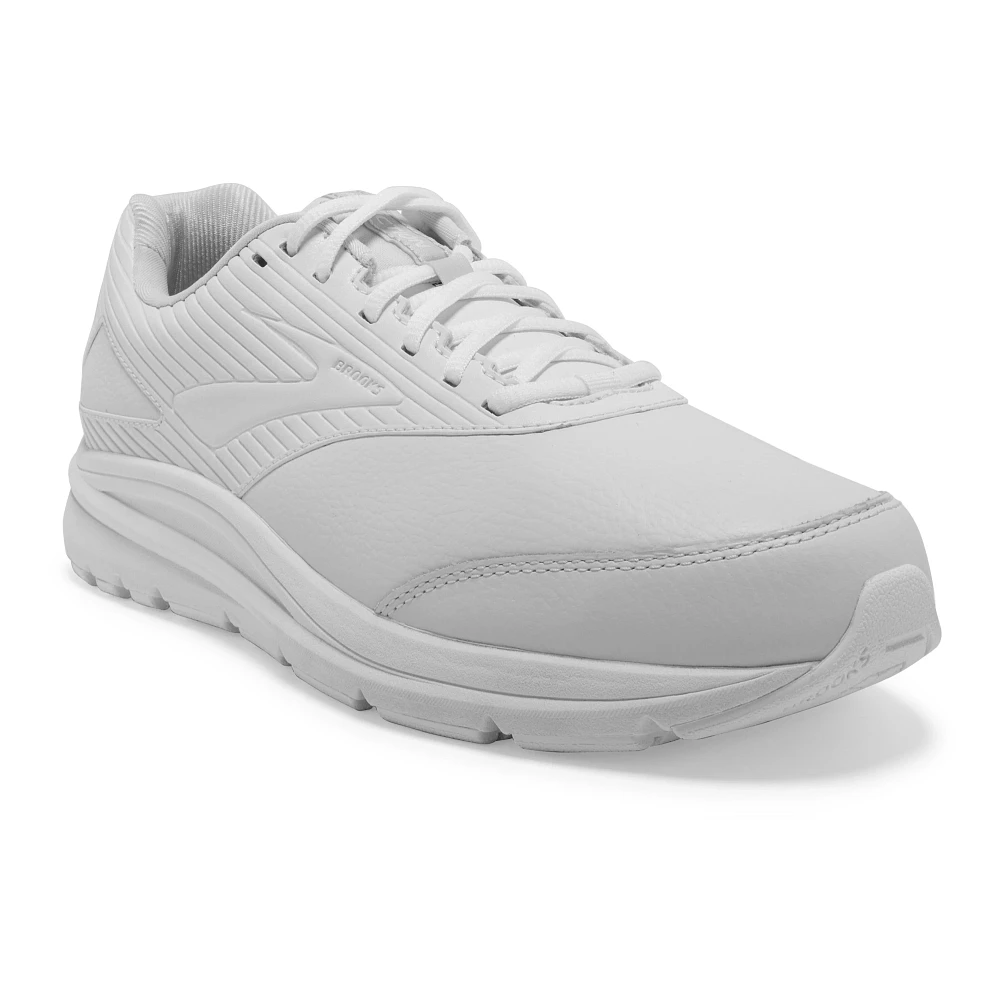 Men's Brooks Addiction Walker 2. White upper. White midsole. Lateral view.