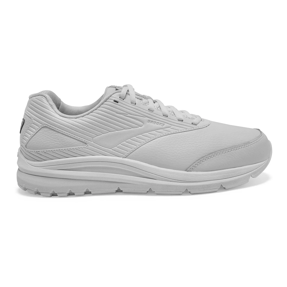 Men's Brooks Addiction Walker 2. White upper. White midsole. Lateral view.