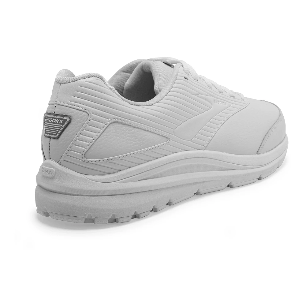 Men's Brooks Addiction Walker 2. White upper. White midsole. Rear/Lateral view.