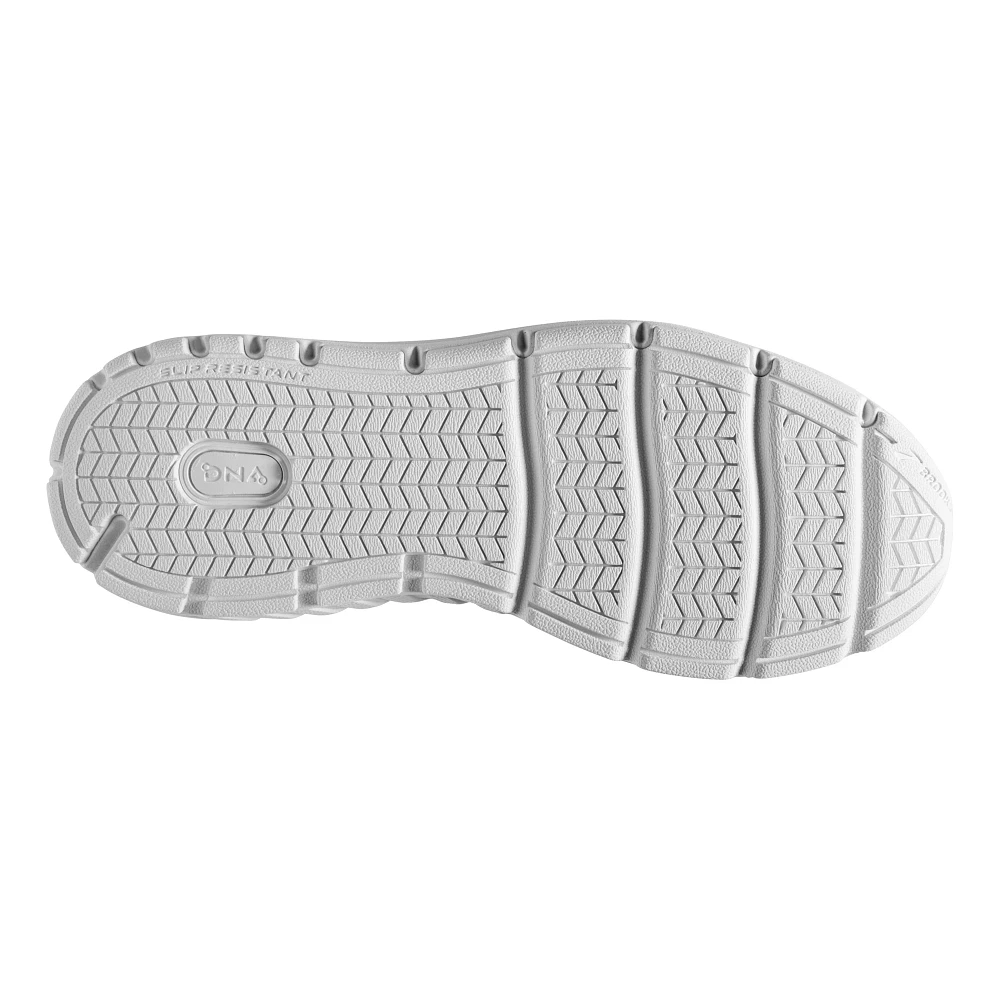Men's Brooks Addiction Walker 2. White upper. White midsole. Bottom view.