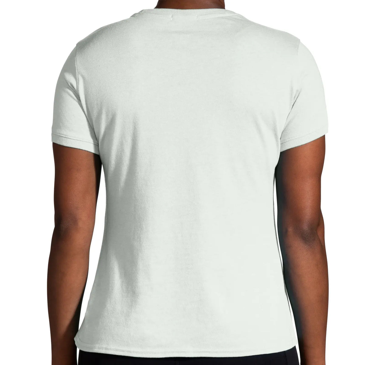 Brooks Distance Short Sleeve 2.0 for women in Heather Cool Mint/Run Happy, worn rear view