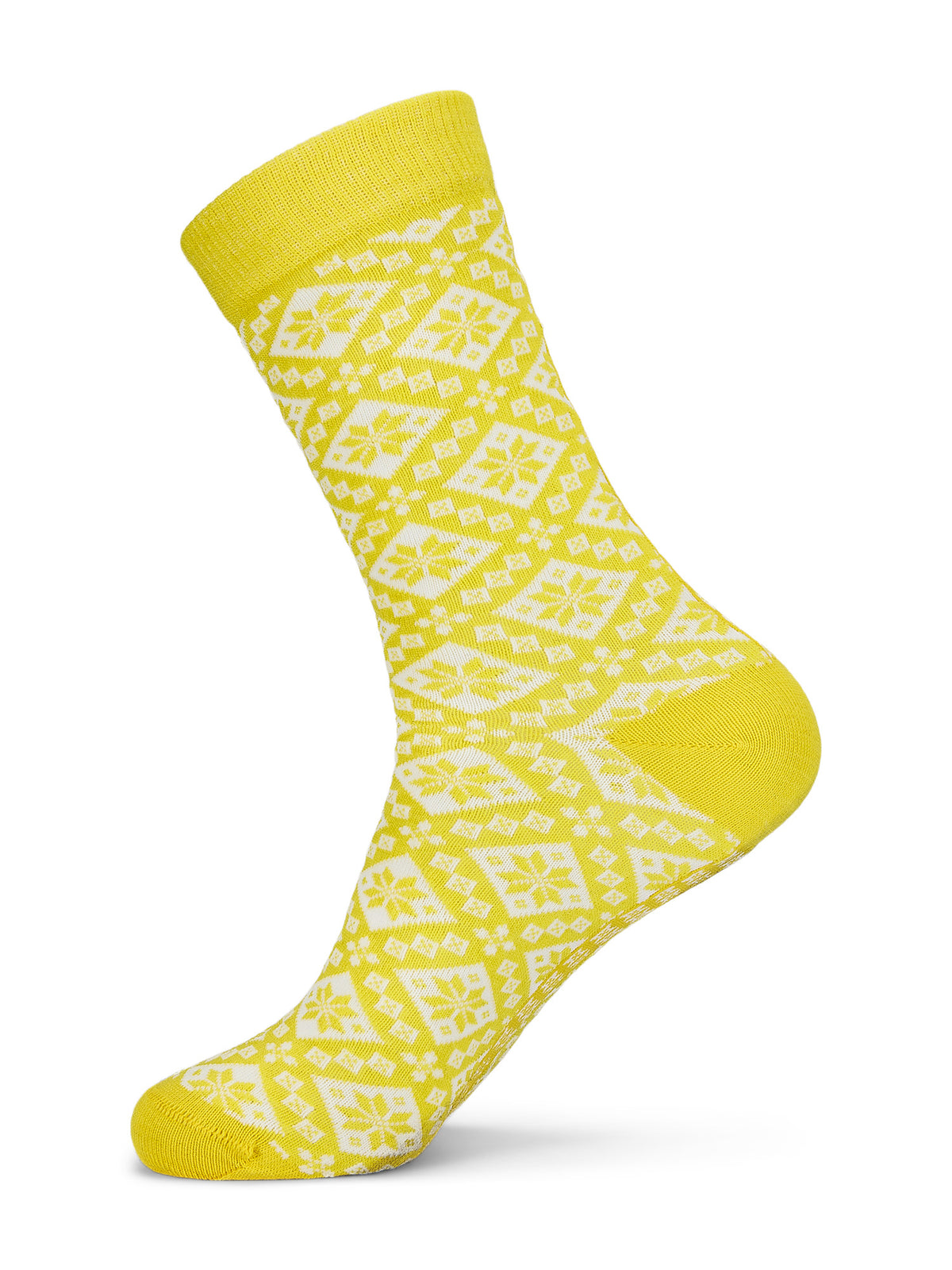 Single Bjoroy crew sock in Yellow/Mustard/Off White showing its repeating geometric rose pattern