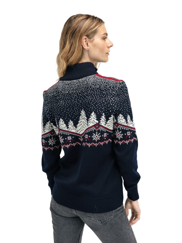 Dale of Norway Christmas Sweater, women’s, Navy/Off White/Raspberry – back on model