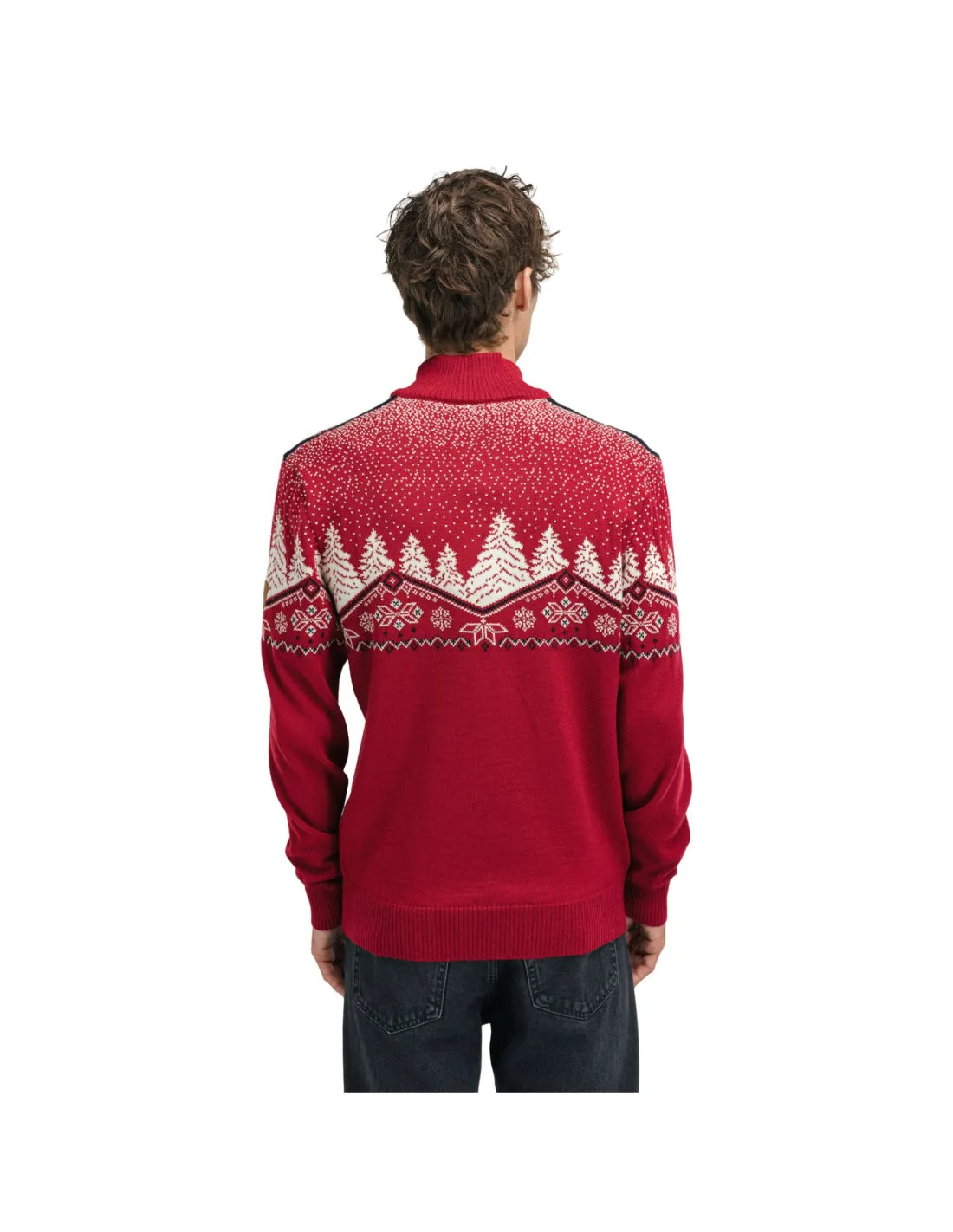 Dale of Norway Christmas Sweater, men’s, Raspberry/Off White/Navy – back on model
