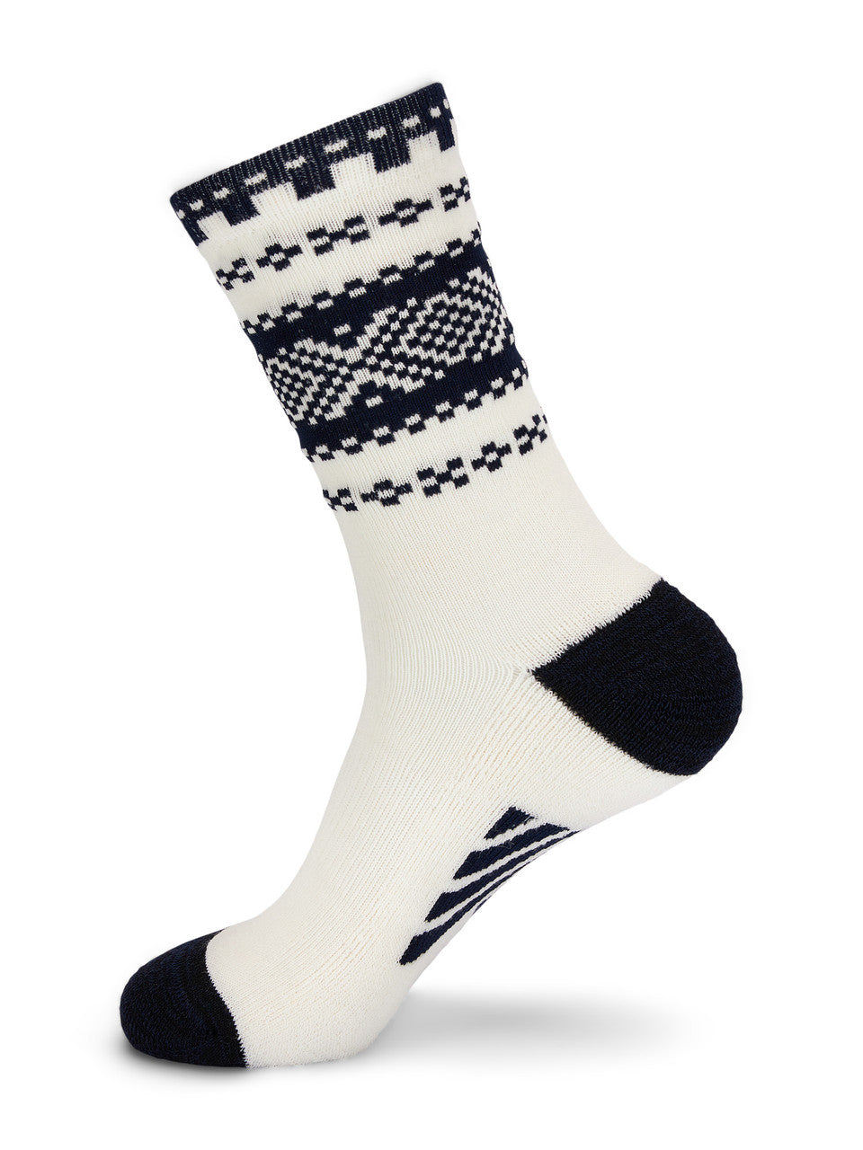 Dale of Norway Cortina unisex crew socks in off-white and navy, single sock showing the patterned cuff, heel and toe