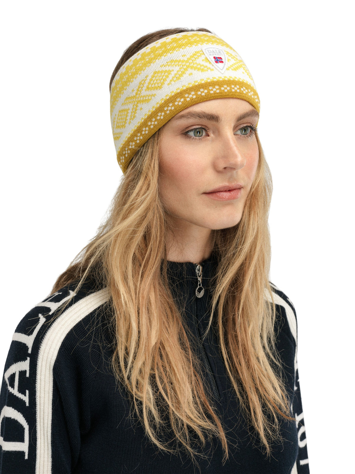 Dystingen headband in Off White/Mustard/Sweet Honey worn over the ears