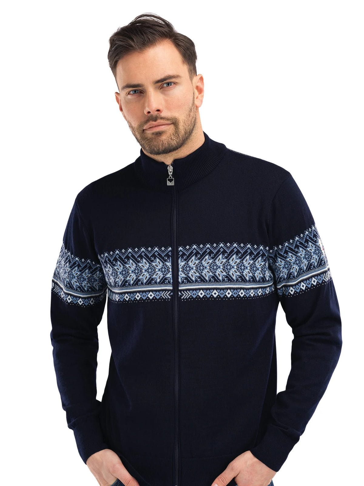 Dale of Norway Hovden Jacket, men’s, Navy/Off White/Blue Shadow – front on model