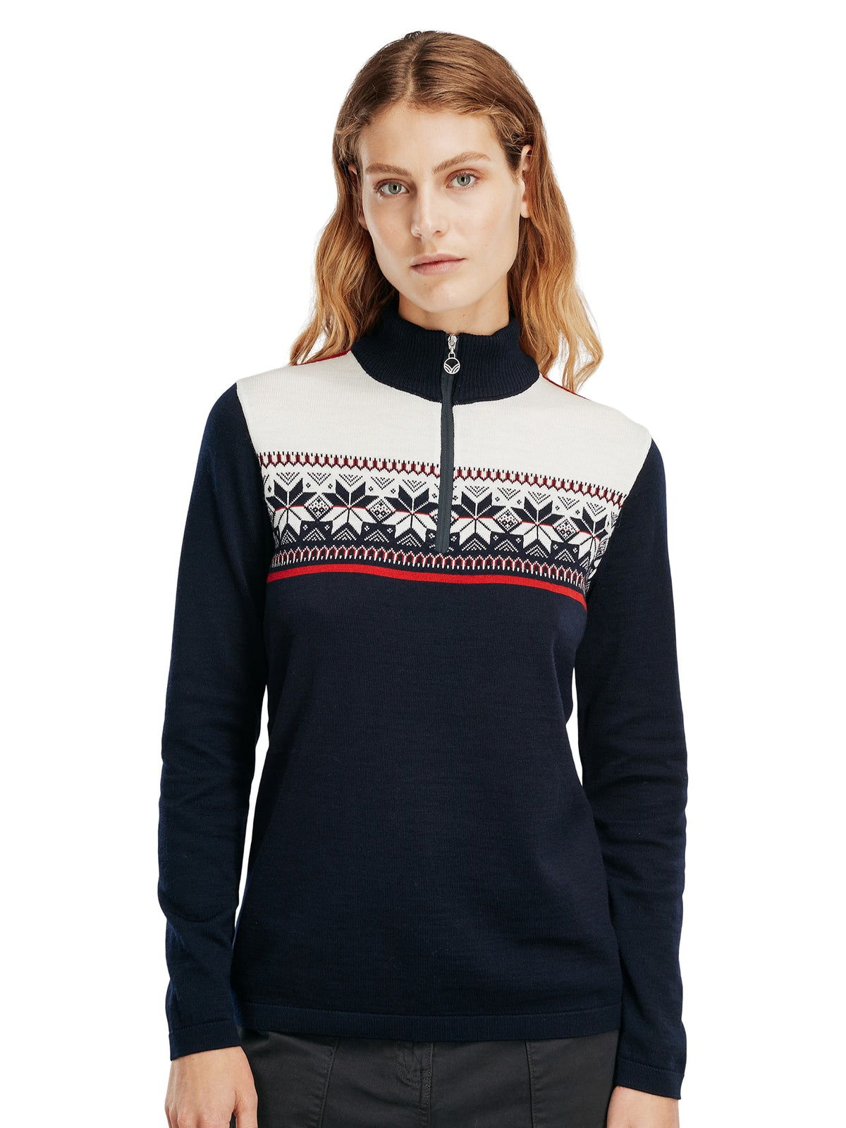 Dale of Norway Liberg Sweater, women’s, Navy/Off White/Raspberry – front on model
