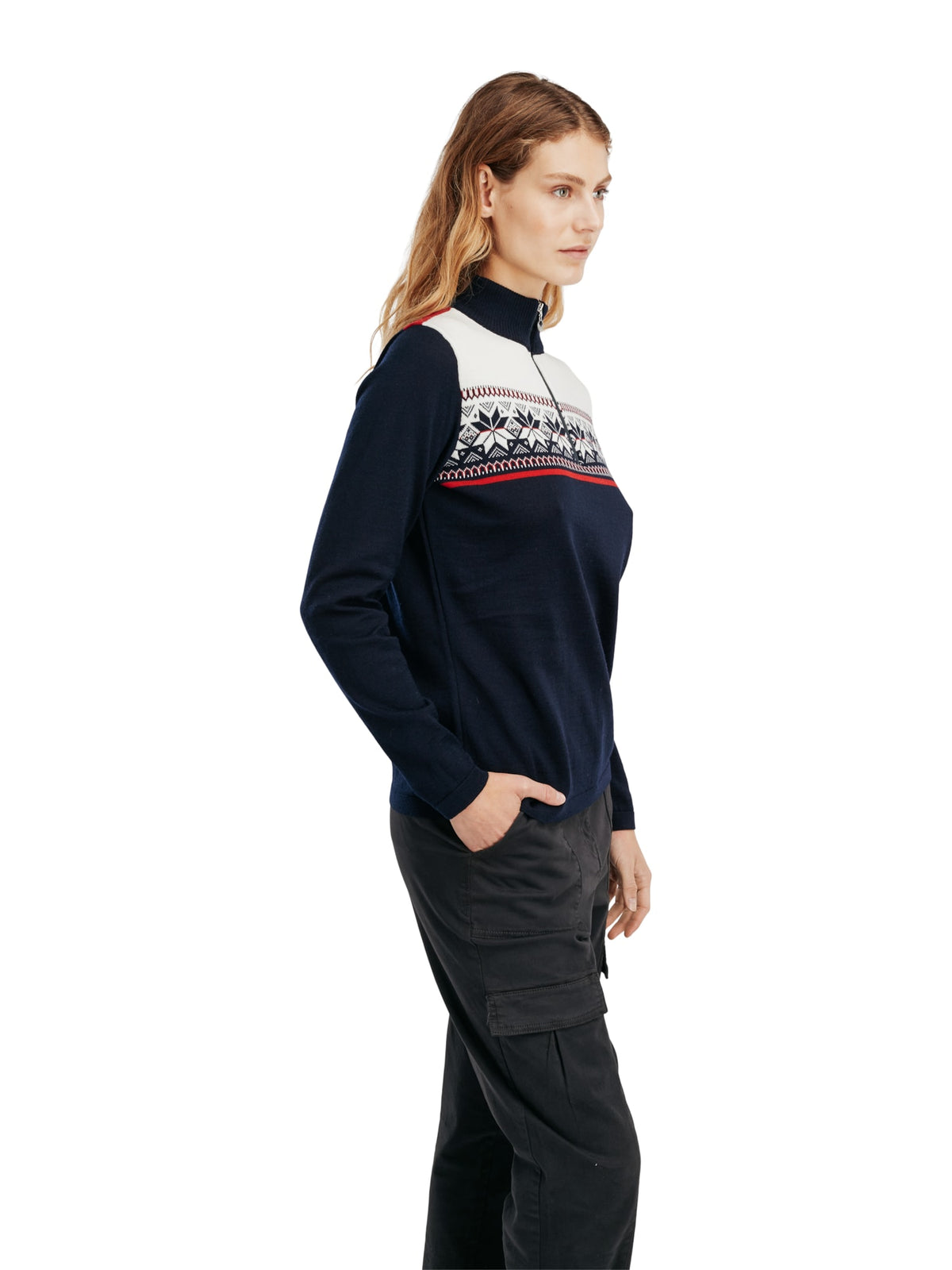 Dale of Norway Liberg Sweater, women’s, Navy/Off White/Raspberry – side on model